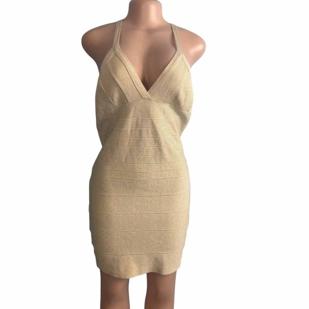 3/$30 ☀️ Bebe Elegant Gold Metallic Sleeveless Bondage Mini Dress